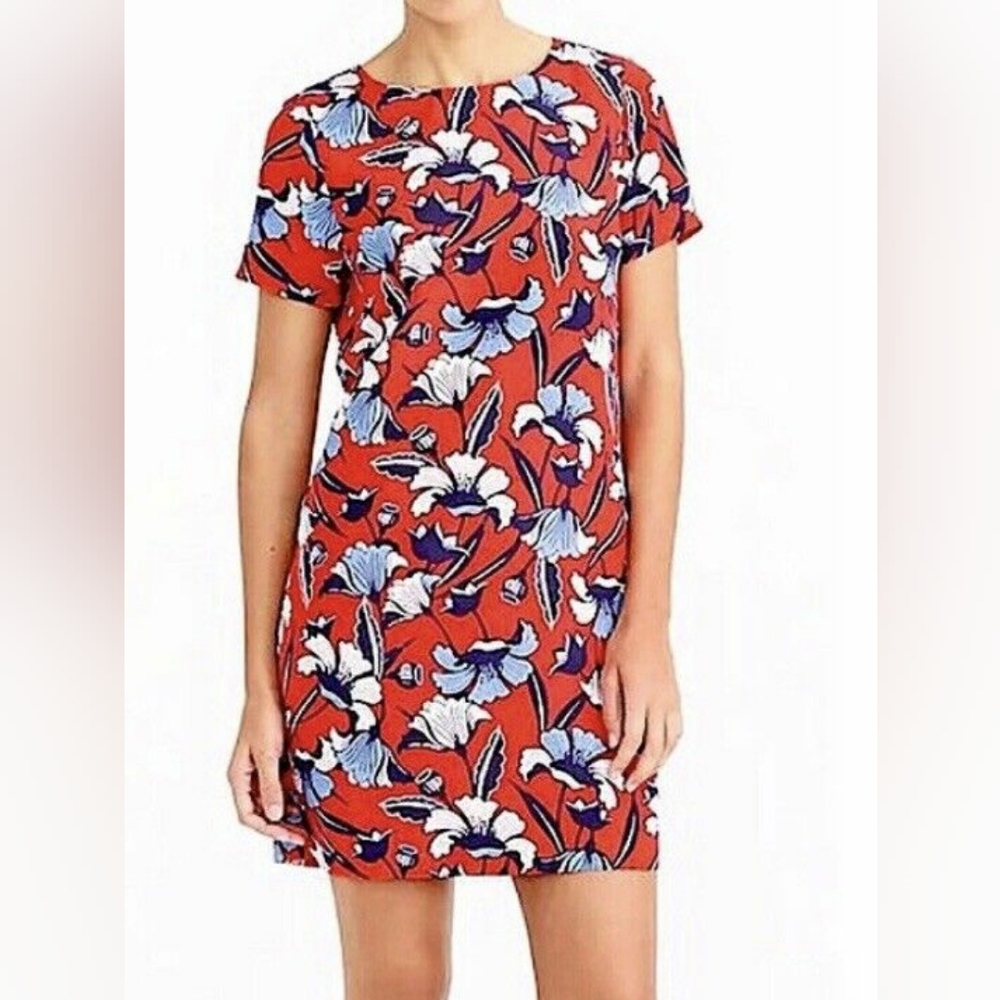 J. Crew Red Blue Floral Print Gallery Dress Size 12 Shift Mini Dress Summer